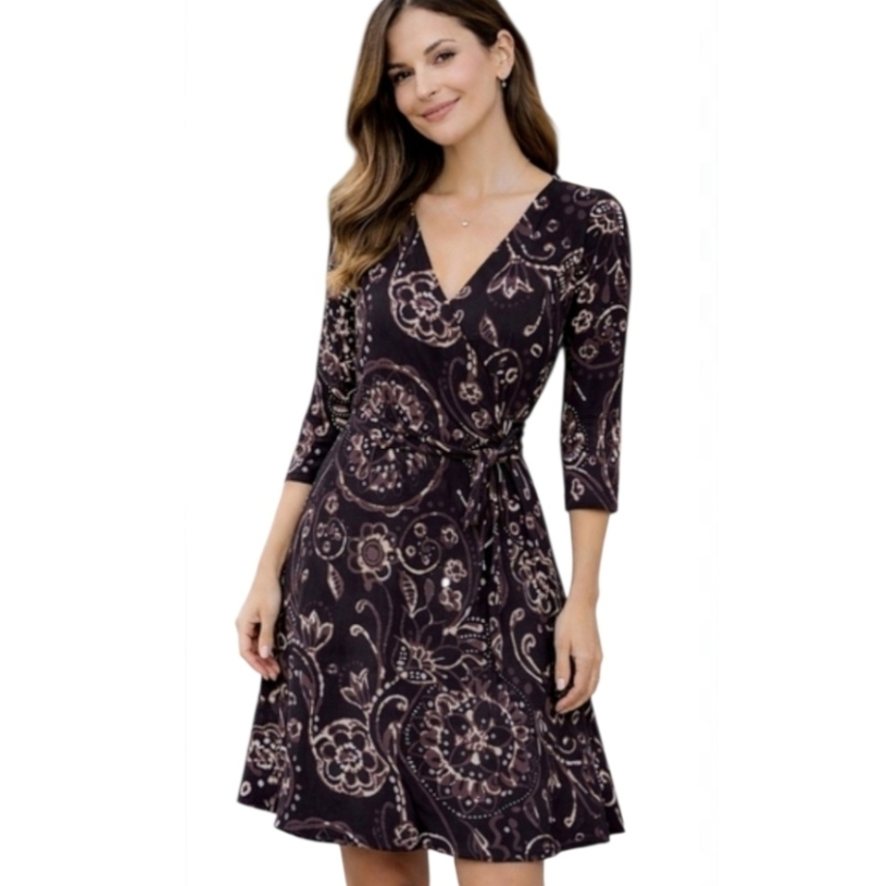 LILY True Wrap Dress Floral V-Neck 3/4 Sleeve M